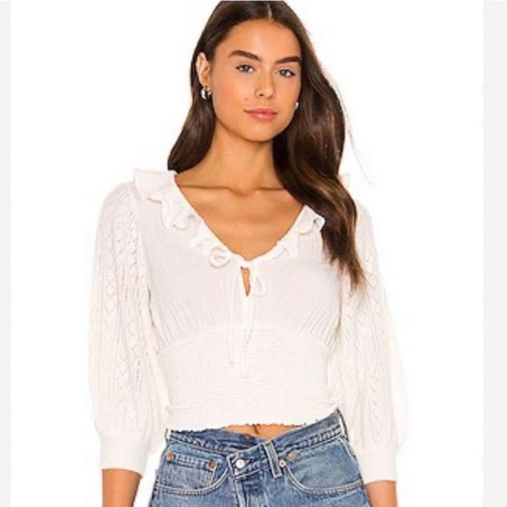 NWT Free People Billie Cascade Ruffle Tie Puff Sleeve‎ Smocked Sweater Size L